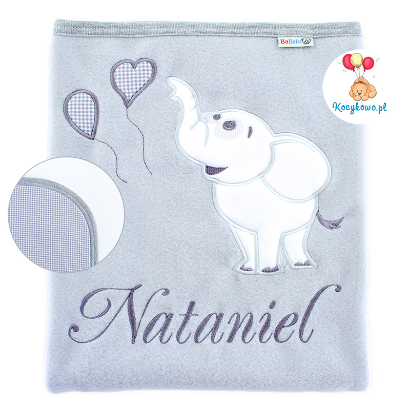 Big blanket with name Elephant with baloons gray