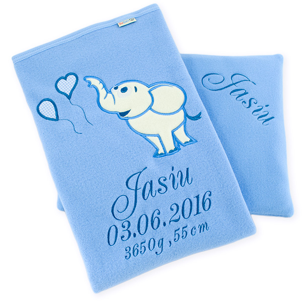 Big blanket with name Elephant with baloons blue