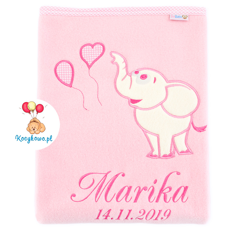 Big blanket with name Elephant with baloons pink