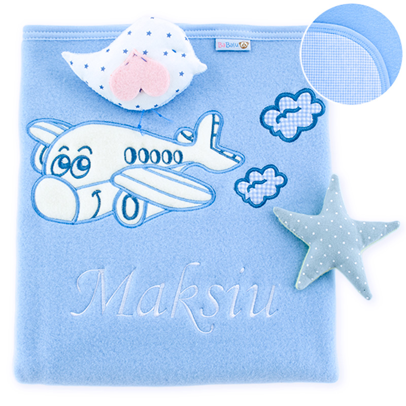 Big blanket with name Airplane with clouds blue