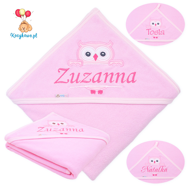 Bath cover - towel with name 100x100 Owl 088 pink